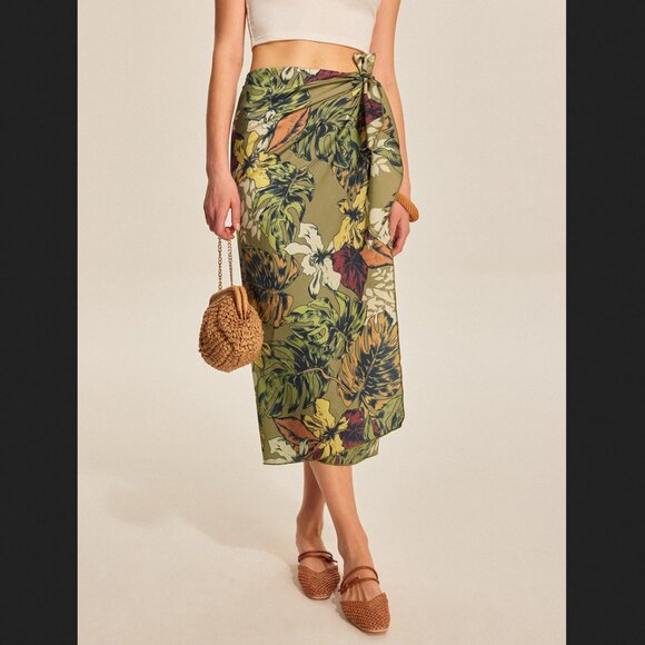 Commense Dresses & Skirts - Commense Green Floral Print Tie Wrap Midi Skirt NEW NWT Summer Spring Vacation